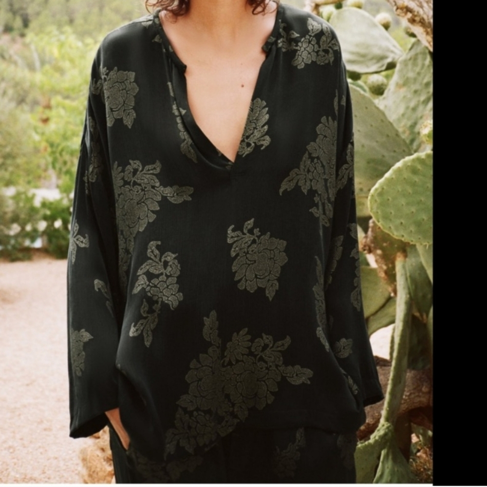 Zara Elegant Black and Gold  Cupro Floral Women's Top